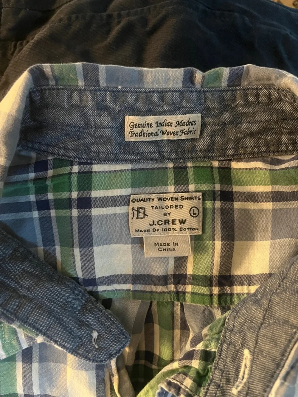 J. Crew Men's Green & Blue Plaid Button-Down Shirt Pocket Casual Large Cotton
